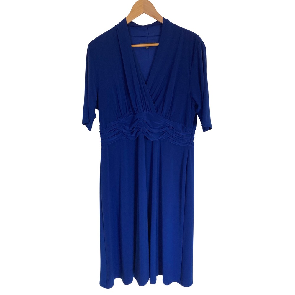 Jones Wear Dress Royal Blue Empire Waist V-Neck Ruched Midi Plus Size 16W